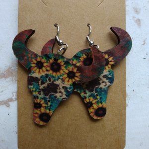 Sunflower Cow Skull Earrings